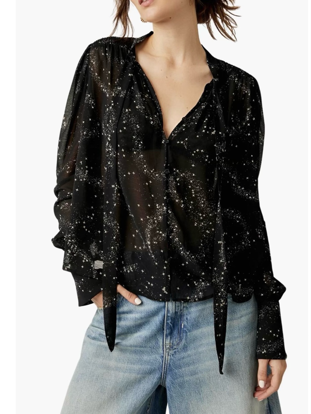 Free People Black Starry Tie-Neck Blouse